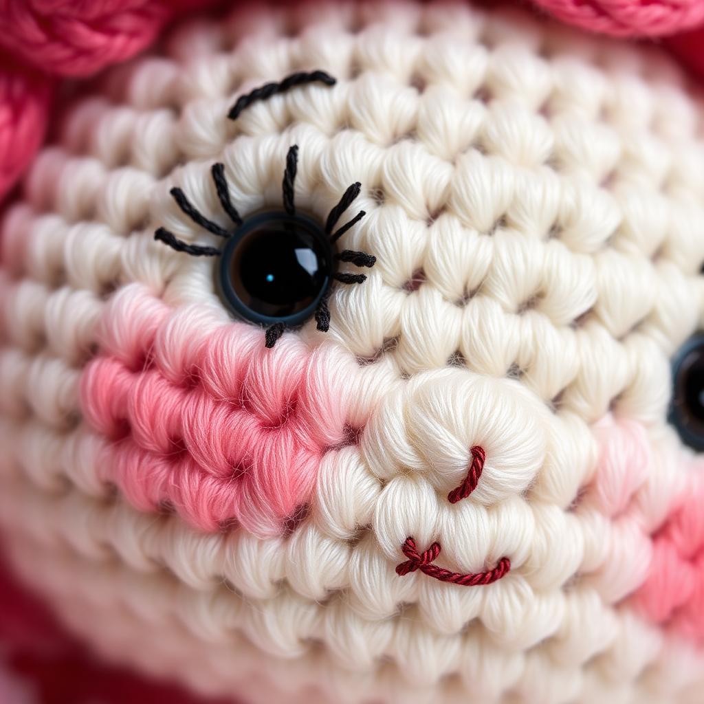 Rosto de amigurumi com cílios bordados, olhos de segurança e bochechas rosadas