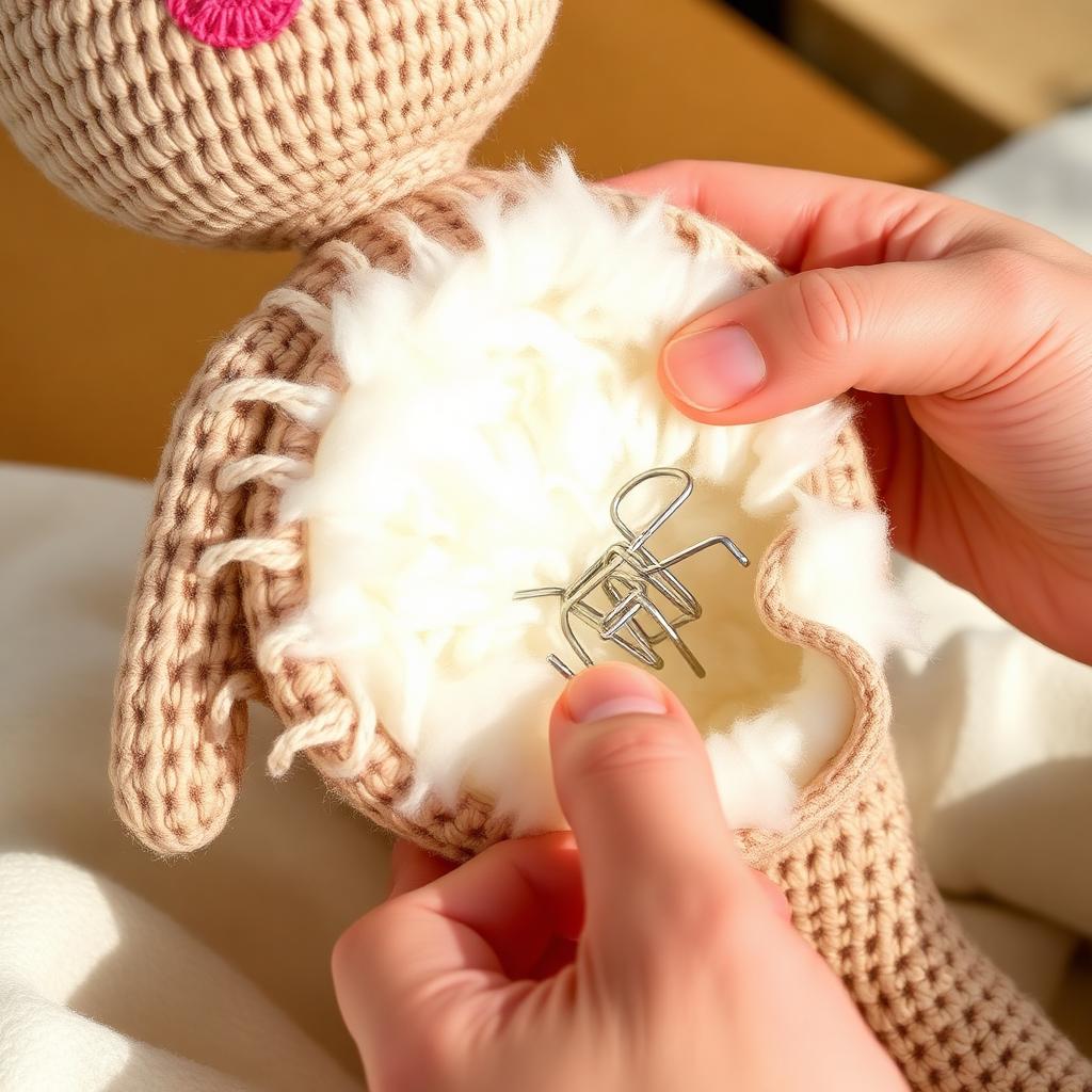 Interior de amigurumi com arame encapado e enchimento de fibra siliconada