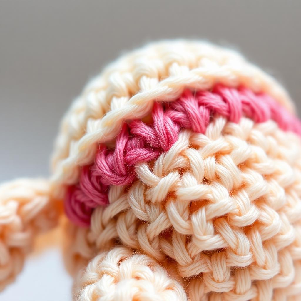 Detalhe macro de troca de cor invisível em amigurumi